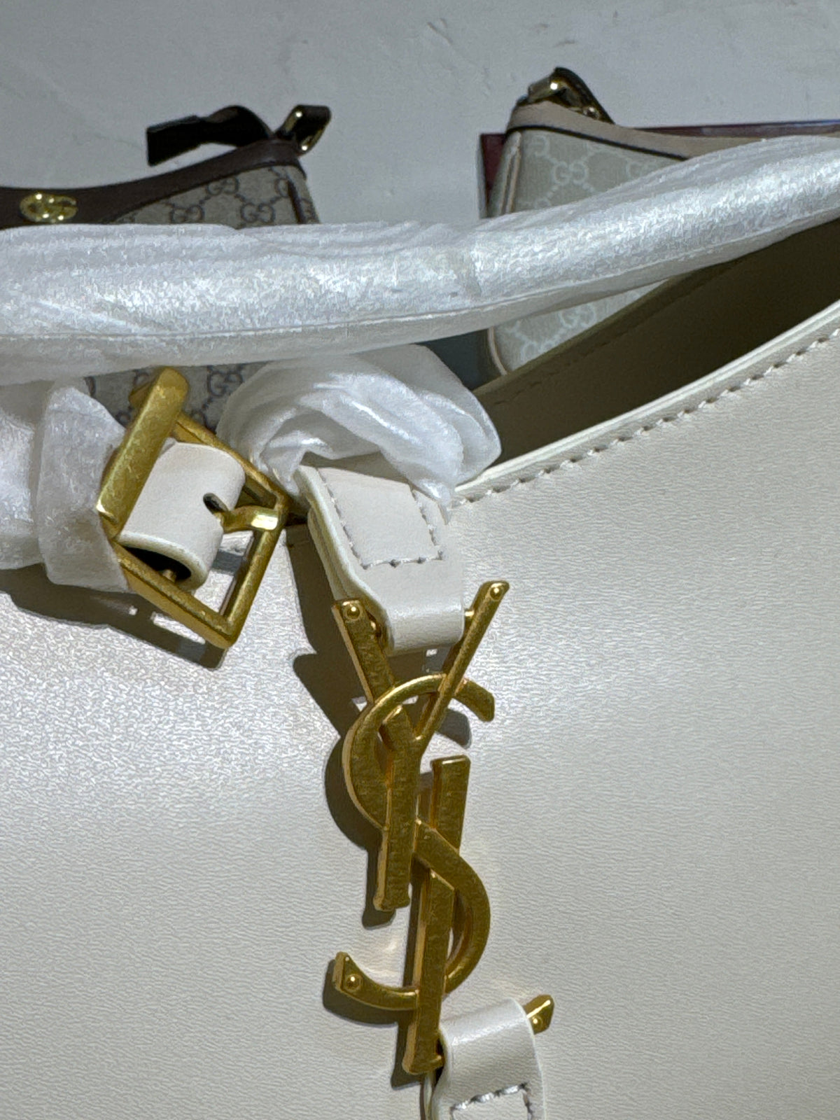 Cream White Leather Hobo Shoulder Bag with Gold-Tone Interlocking Logo Hardware