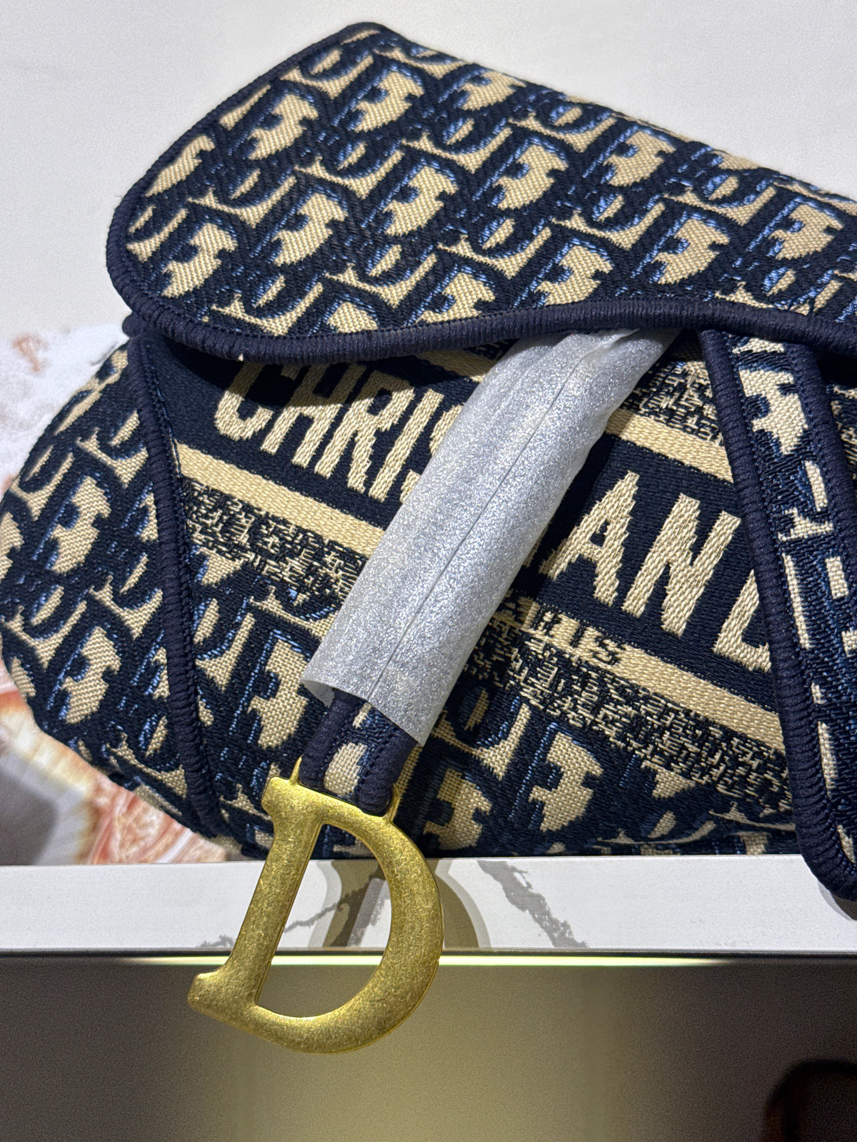 Navy Blue Patterned Jacquard Saddle Shoulder Bag with Gold Hardware Accent