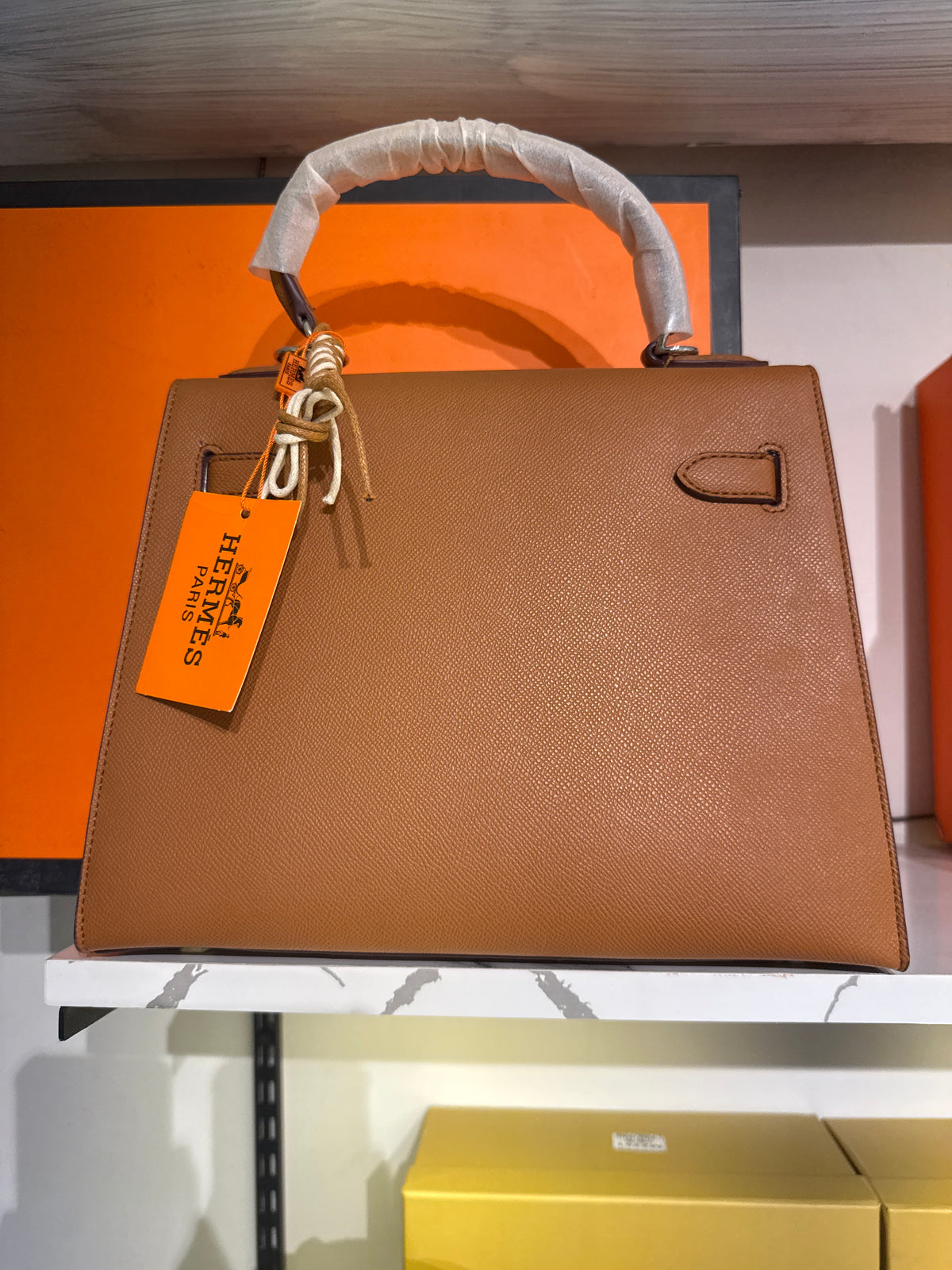 Tan Leather Top-Handle Structured Handbag with Horse Charm