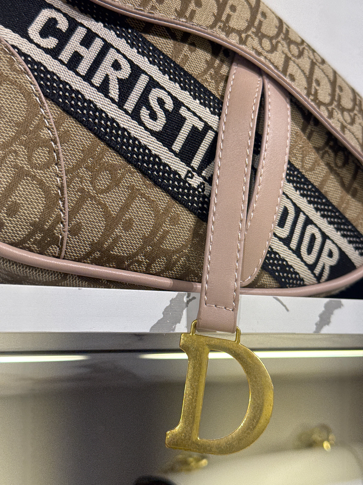 Beige and Brown Patterned Jacquard Saddle Shoulder Bag with Gold Hardware