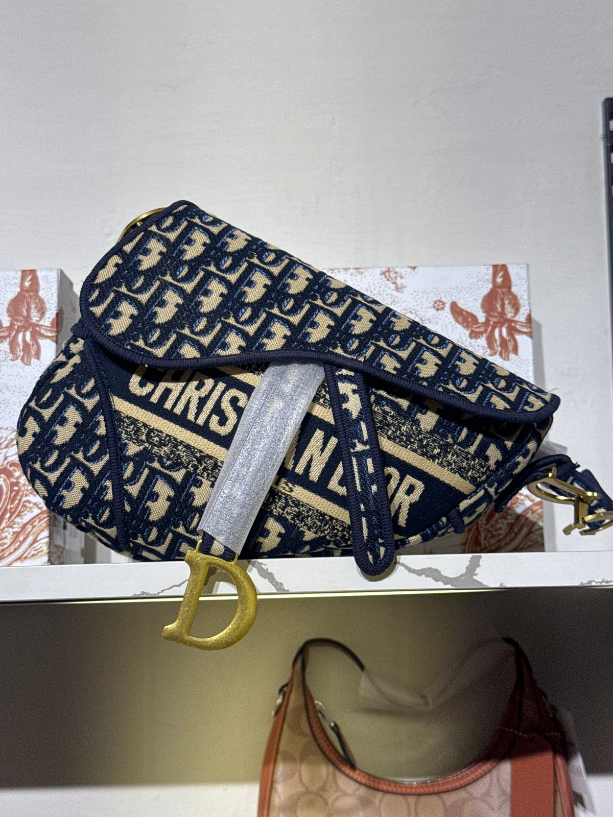 Navy Blue Patterned Jacquard Saddle Shoulder Bag with Gold Hardware Accent