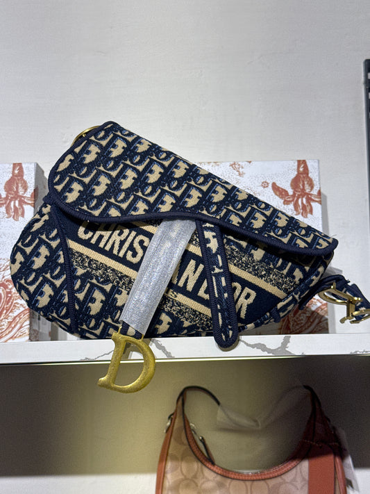 Navy Blue Patterned Jacquard Saddle Shoulder Bag with Gold Hardware Accent