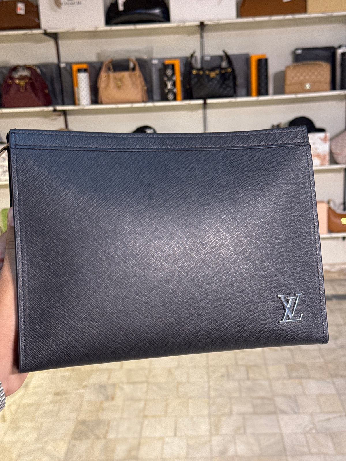 Sleek Black Textured Leather Portfolio Clutch with Silver Logo