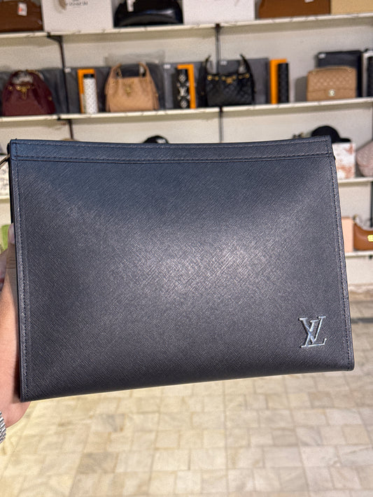 Sleek Black Textured Leather Portfolio Clutch with Silver Logo