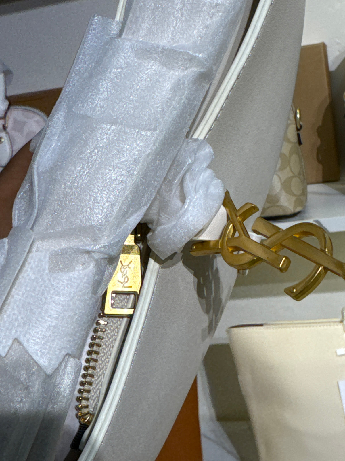 Cream White Leather Hobo Shoulder Bag with Gold-Tone Interlocking Logo Hardware