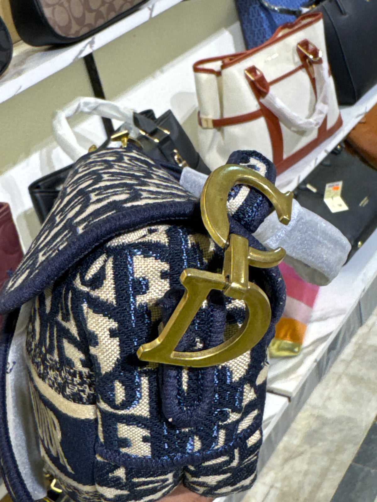 Navy Blue Patterned Jacquard Saddle Shoulder Bag with Gold Hardware Accent