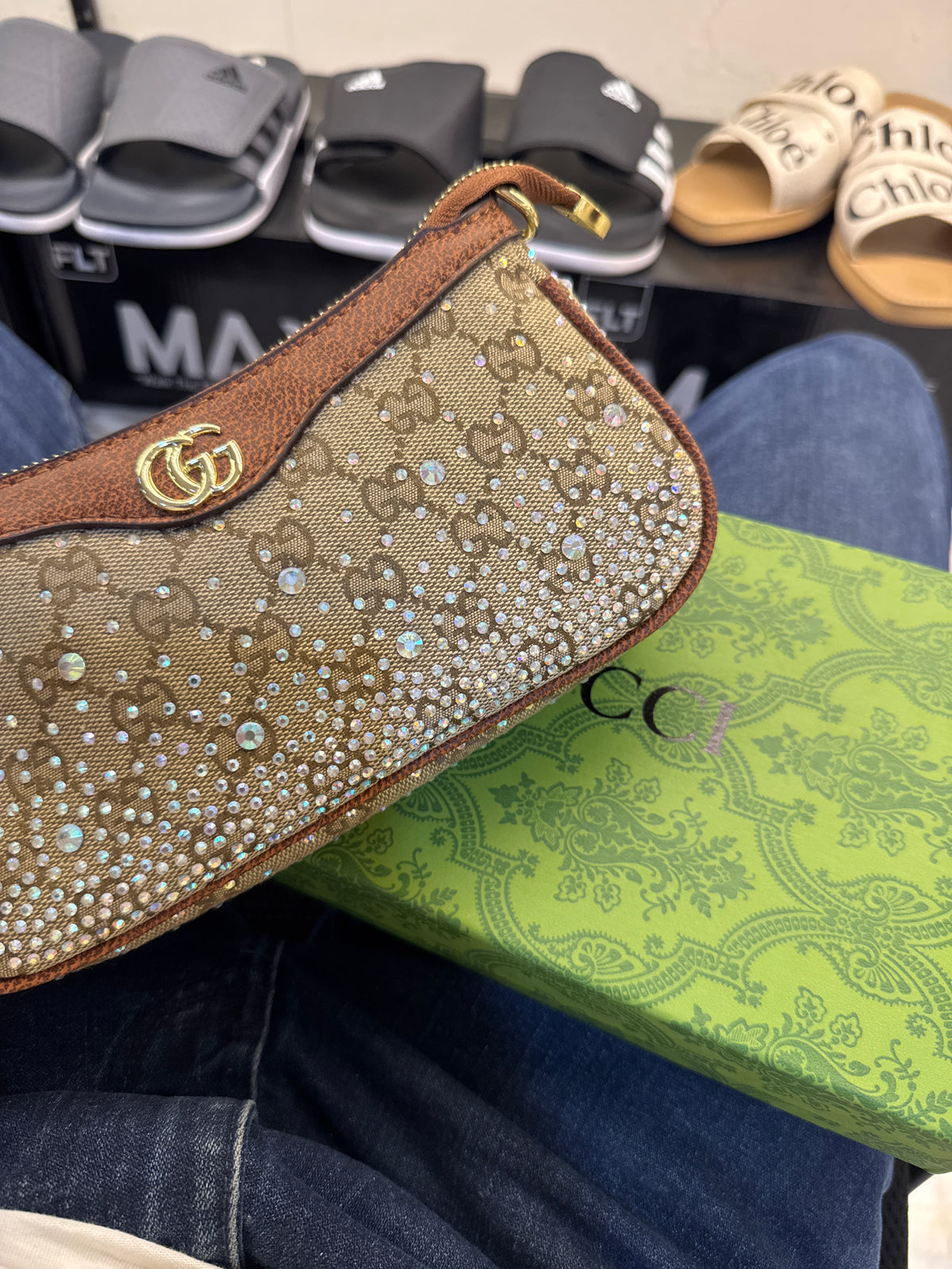 Gucci Ophidia Crystal Small Shoulder Bag in GG Canvas – Tan / Cognac Brown