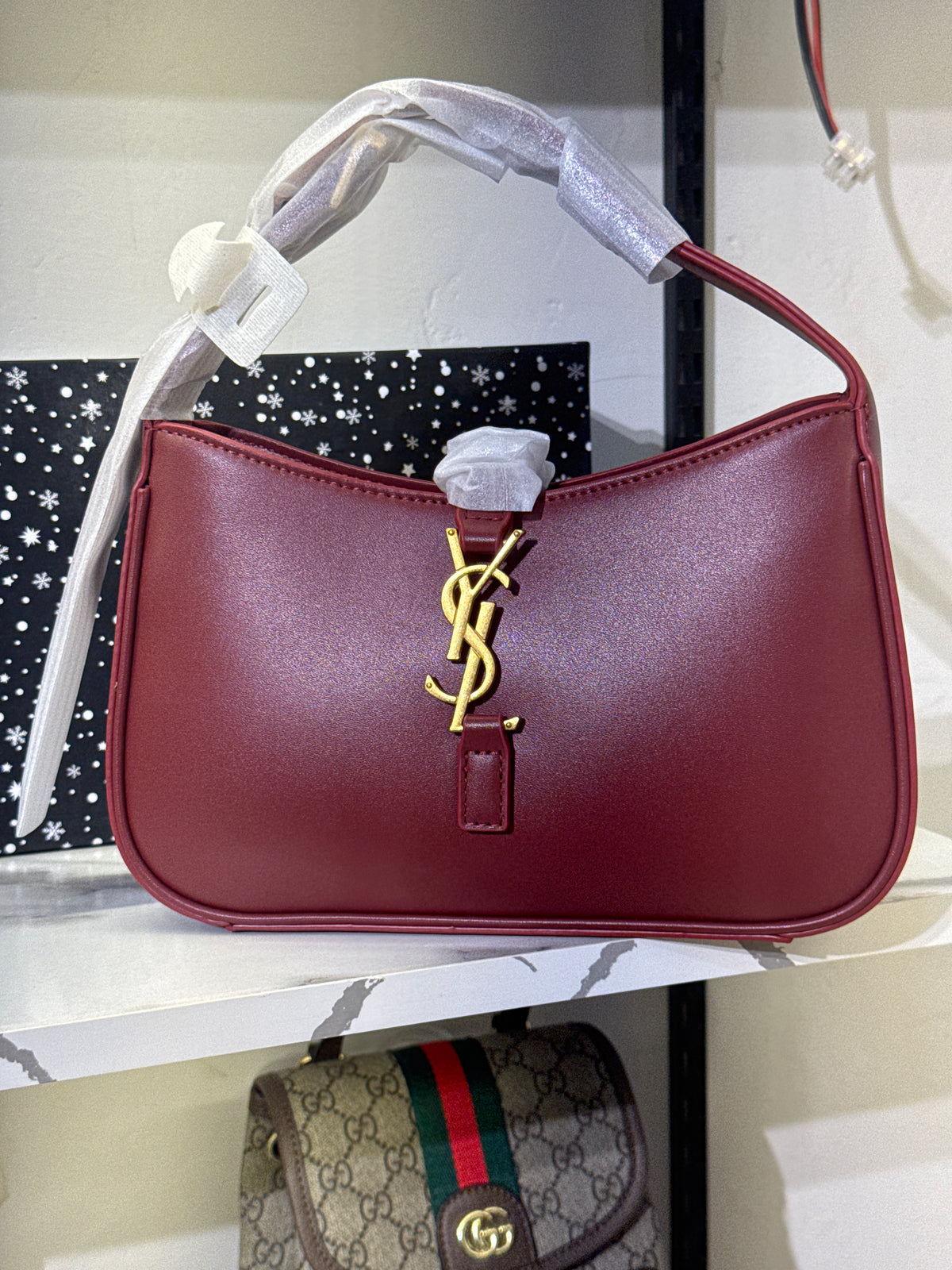 Burgundy Red Leather Hobo Shoulder Bag with Gold Monogram Hardware