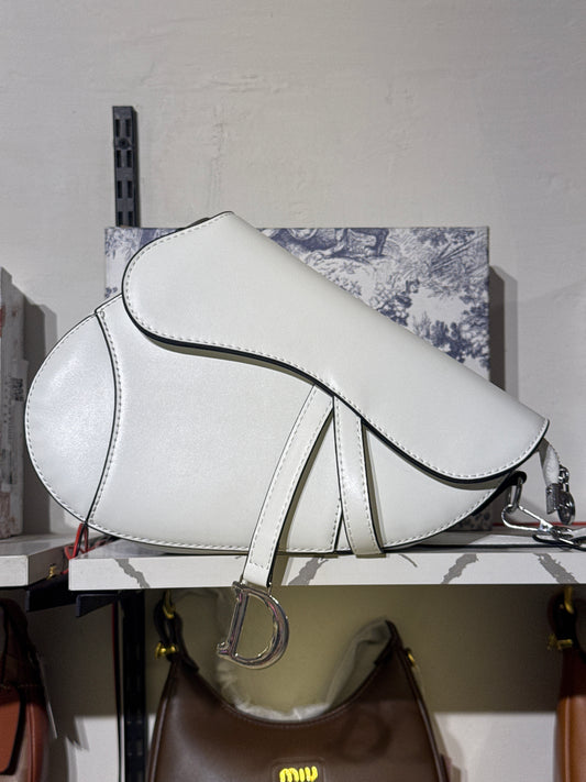 White Leather Saddle Shoulder Bag with Silver-Tone D Charm Accent
