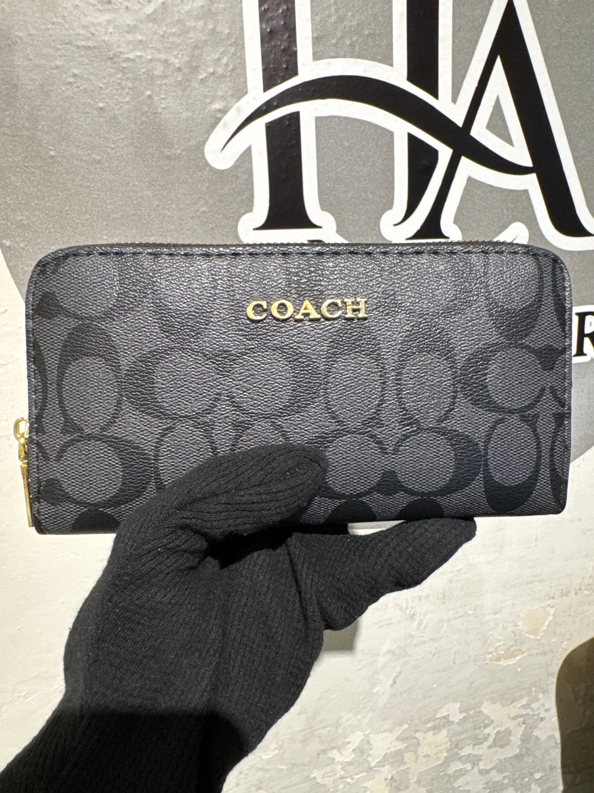 Luxury Black Coach Signature Canvas Zip-Around Long Wallet with Gold Hardware
