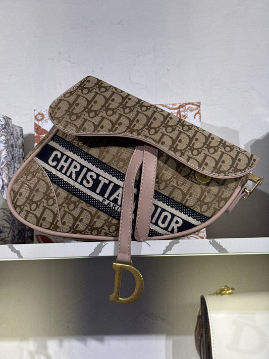 Beige and Brown Patterned Jacquard Saddle Shoulder Bag with Gold Hardware