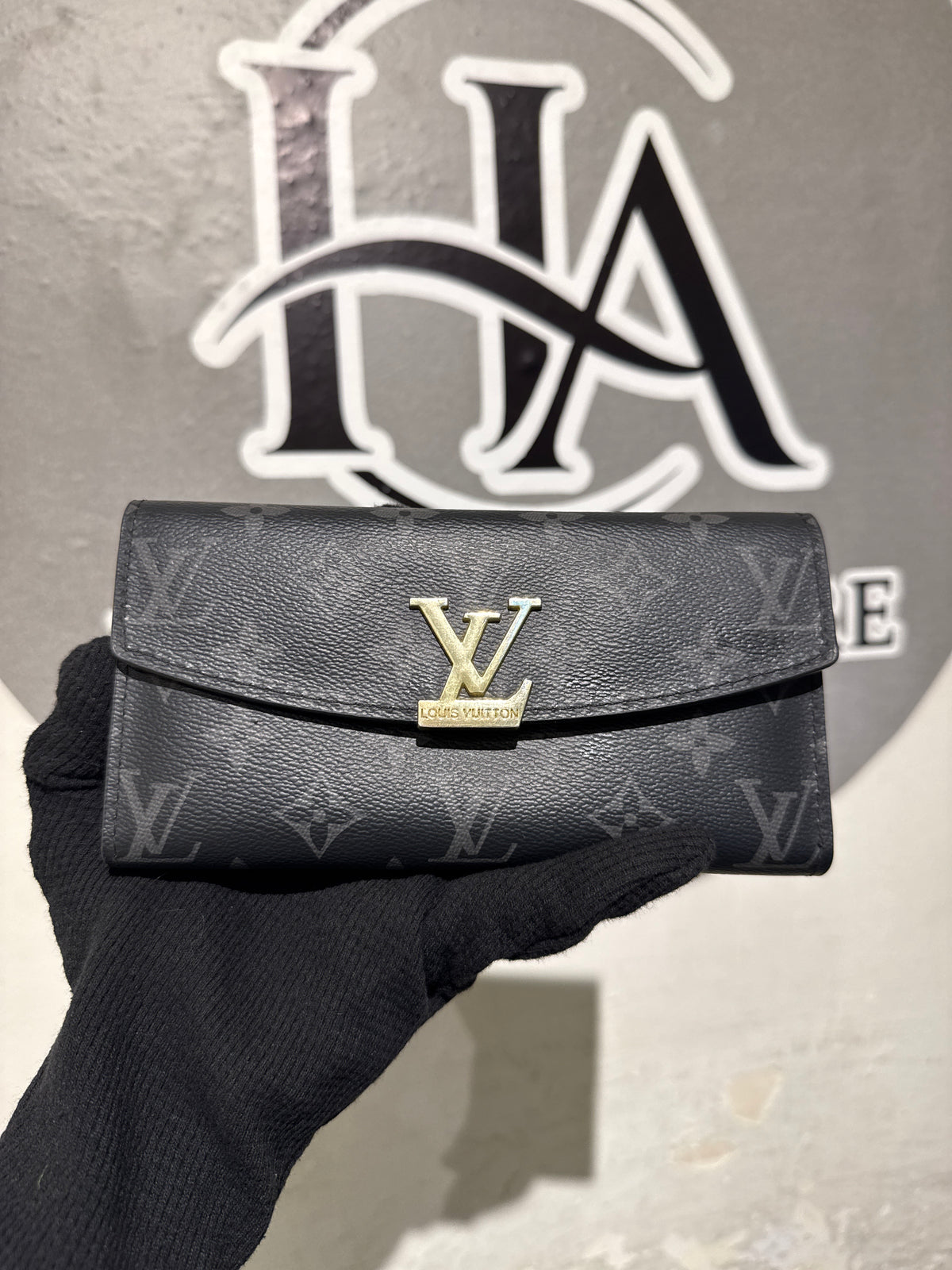 Luxury Black Monogram Canvas Long Envelope Wallet with Gold Hardware