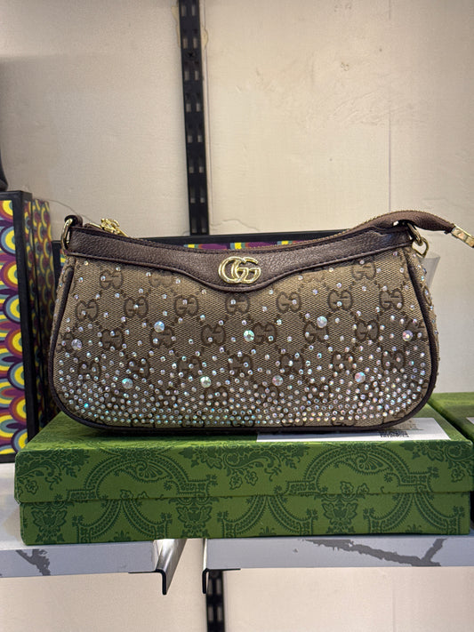 Gucci Ophidia Crystal Small Shoulder Bag in GG Supreme Canvas – Beige / Brown