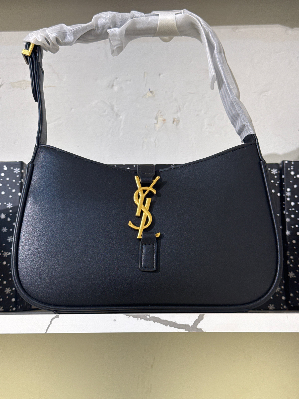 Black Leather Hobo Shoulder Bag with Gold Monogram Hardware