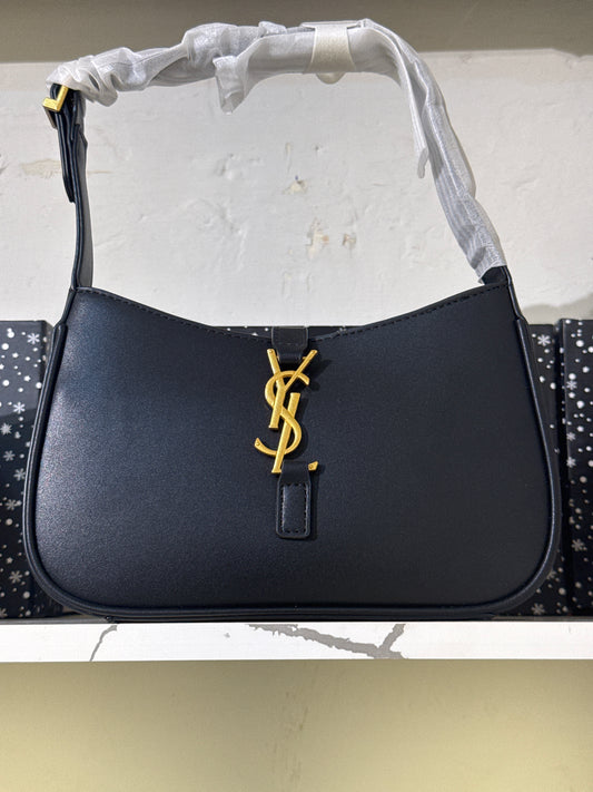 Black Leather Hobo Shoulder Bag with Gold Monogram Hardware