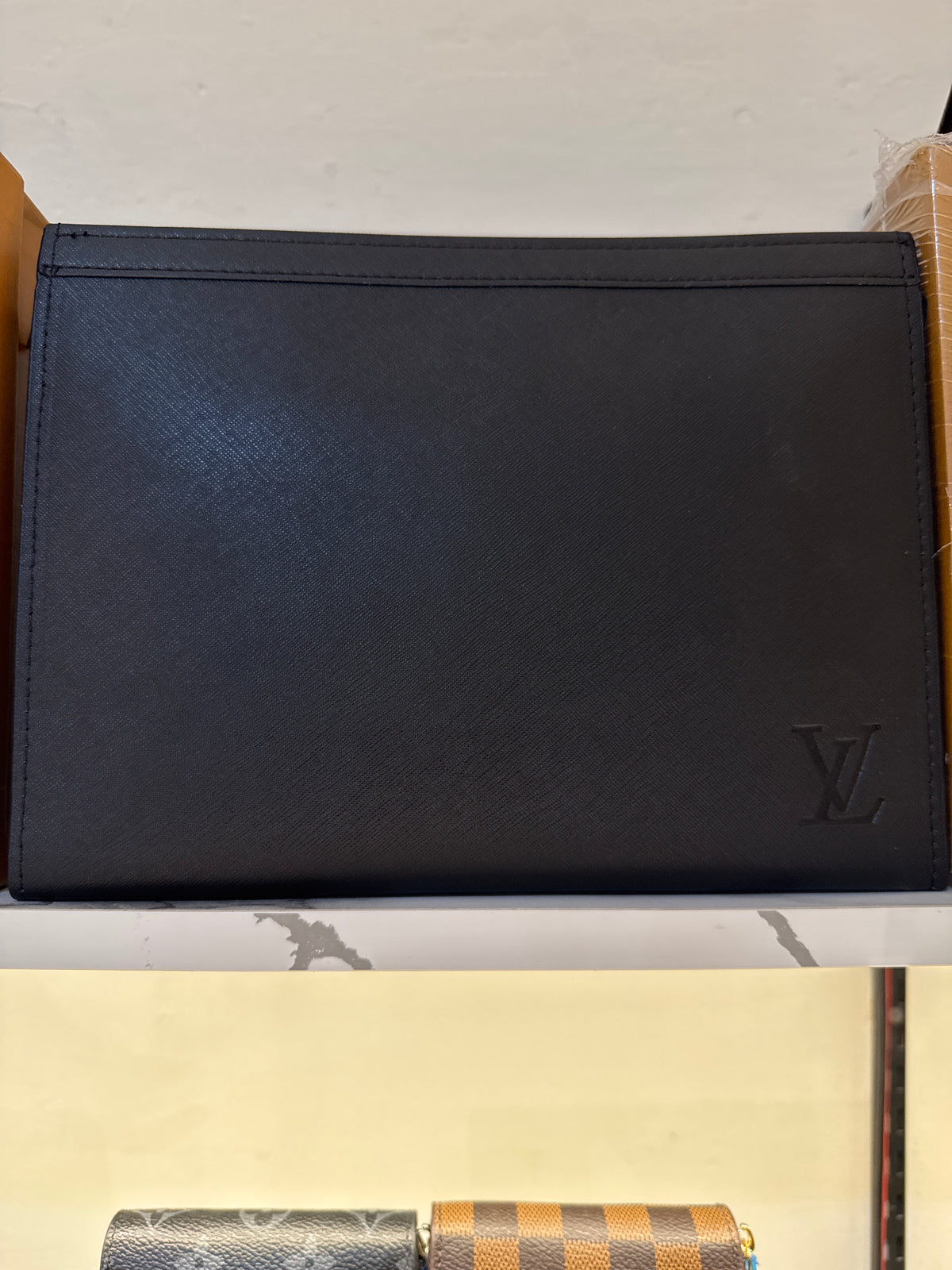 Matte Black Leather Portfolio Clutch with Debossed Logo