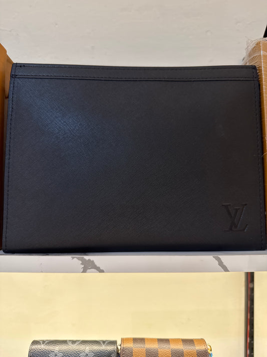 Matte Black Leather Portfolio Clutch with Debossed Logo
