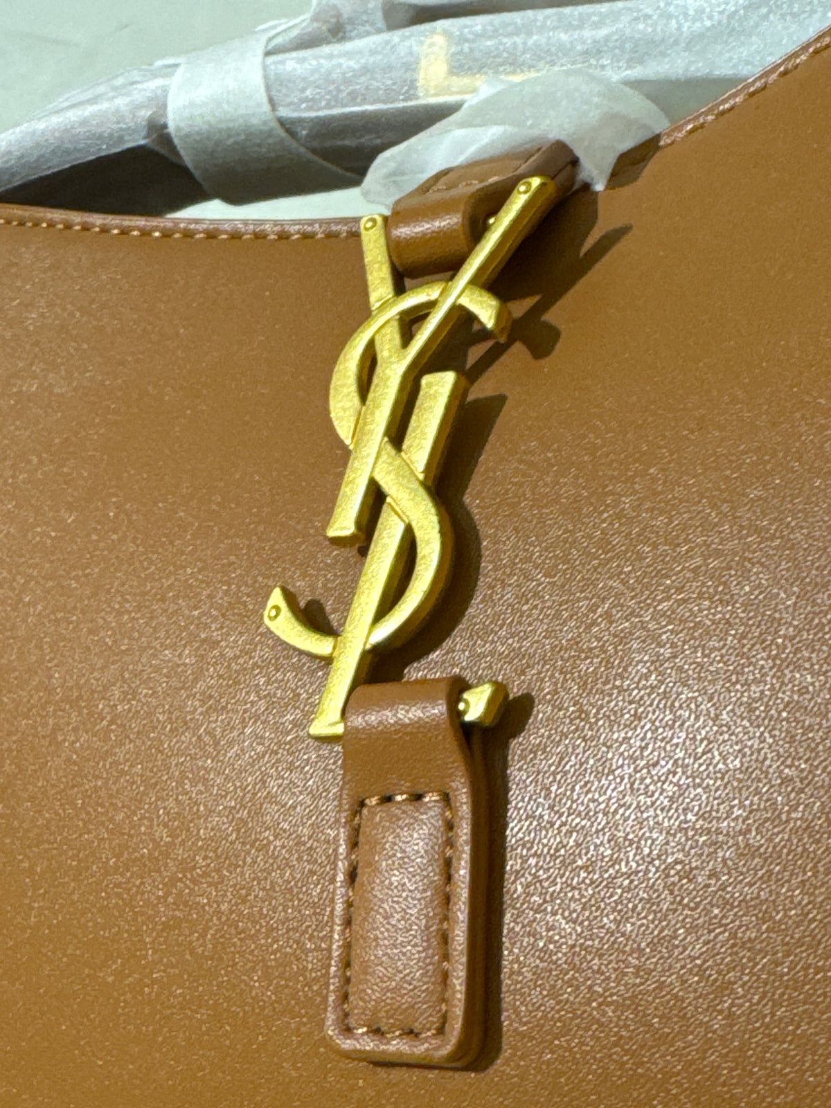 Tan Brown Leather Hobo Shoulder Bag with Gold Monogram Hardware