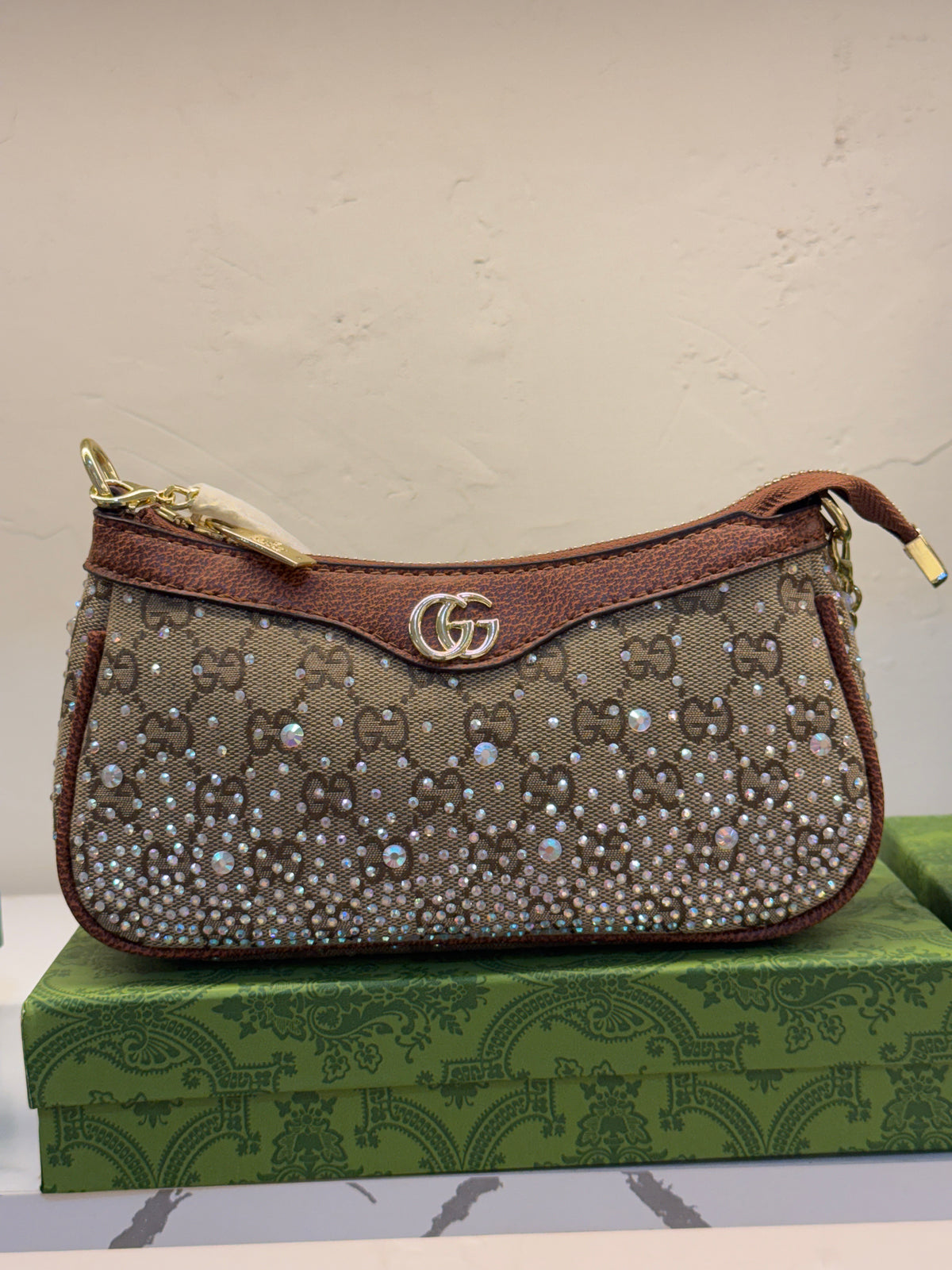 Gucci Ophidia Crystal Small Shoulder Bag in GG Canvas – Tan / Cognac Brown