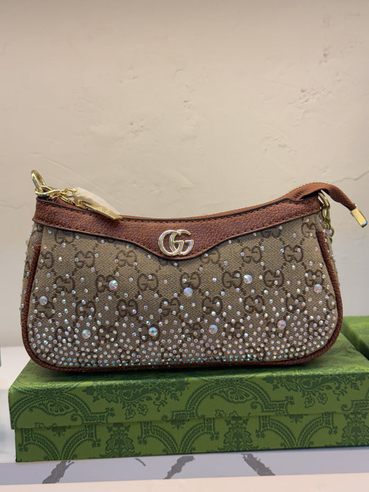 Gucci Ophidia Crystal Small Shoulder Bag in GG Canvas – Tan / Cognac Brown