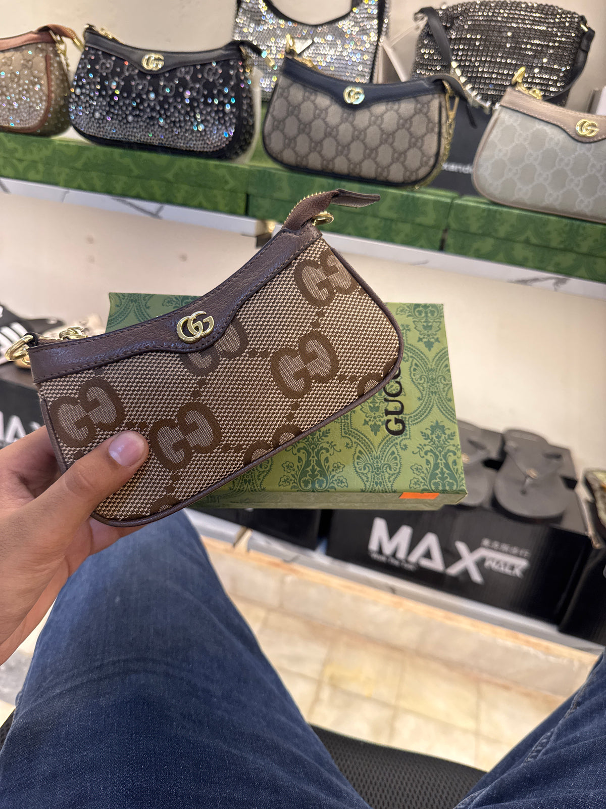 Gucci Ophidia Mini Shoulder Bag in Jumbo GG Canvas – Camel / Ebony Brown