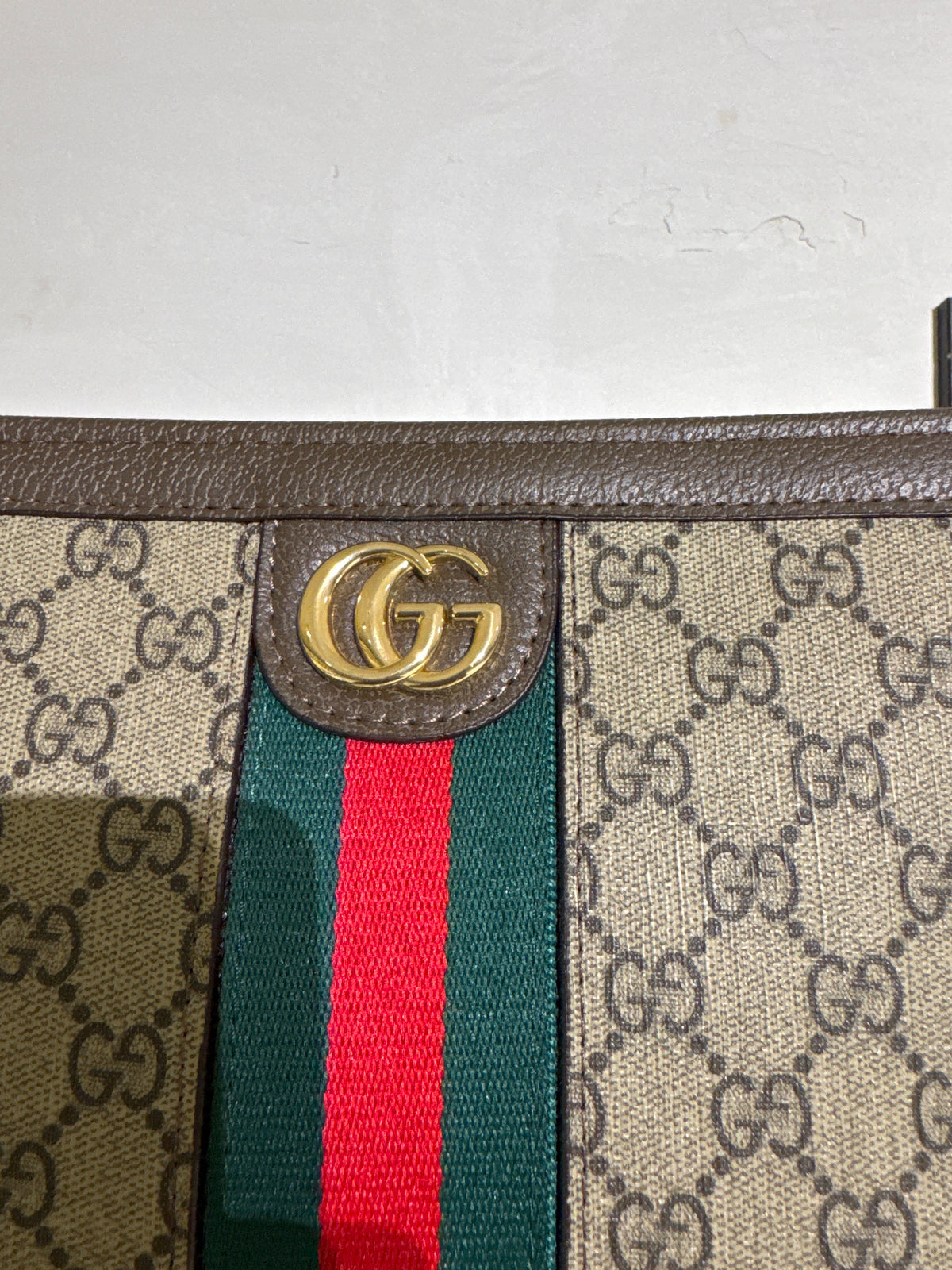 Beige Monogram Canvas Pouch with Green & Red Web Stripe