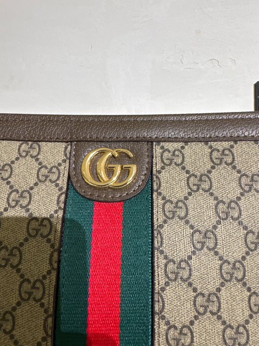 Beige Monogram Canvas Pouch with Green & Red Web Stripe