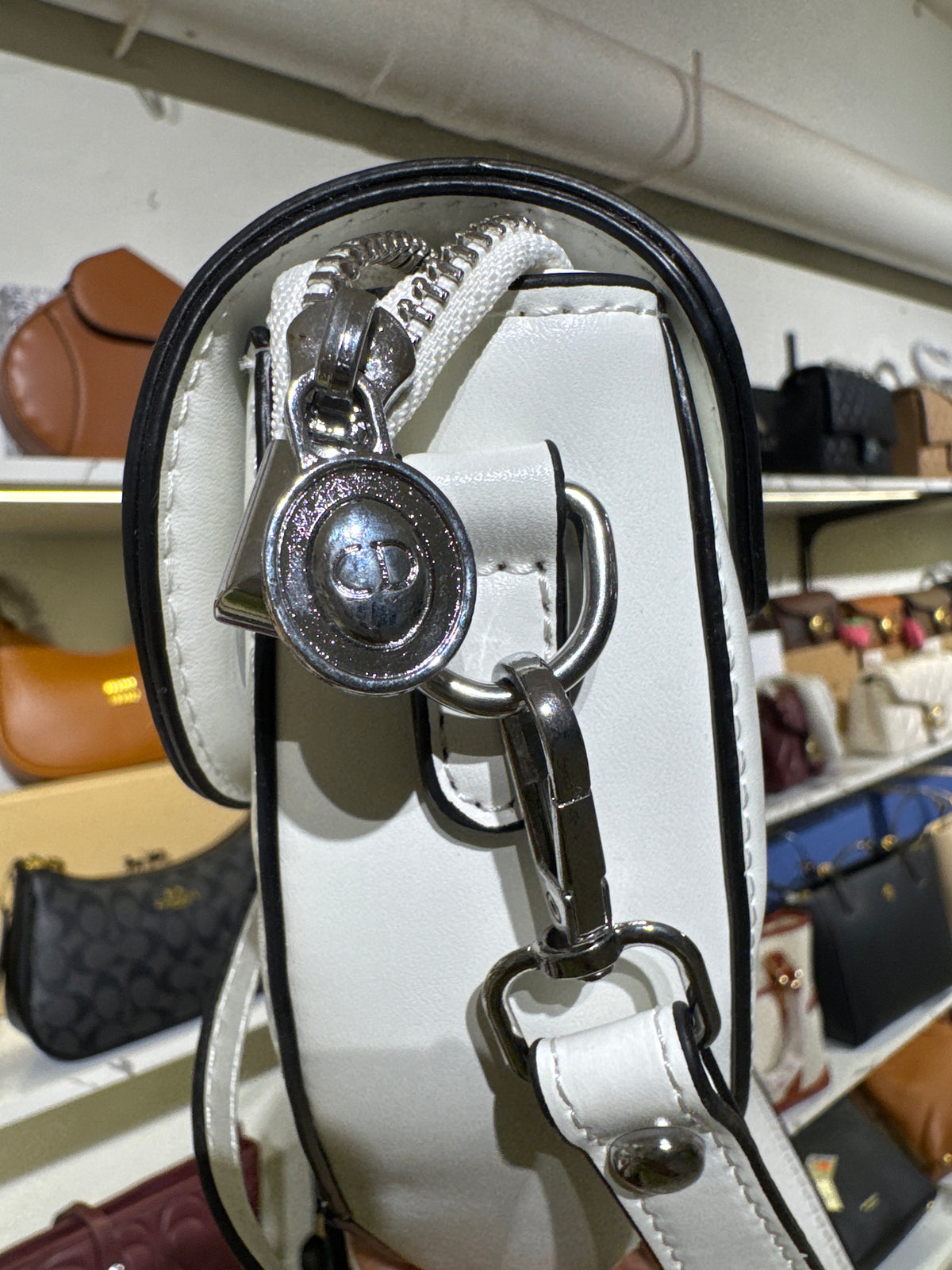 White Leather Saddle Shoulder Bag with Silver-Tone D Charm Accent