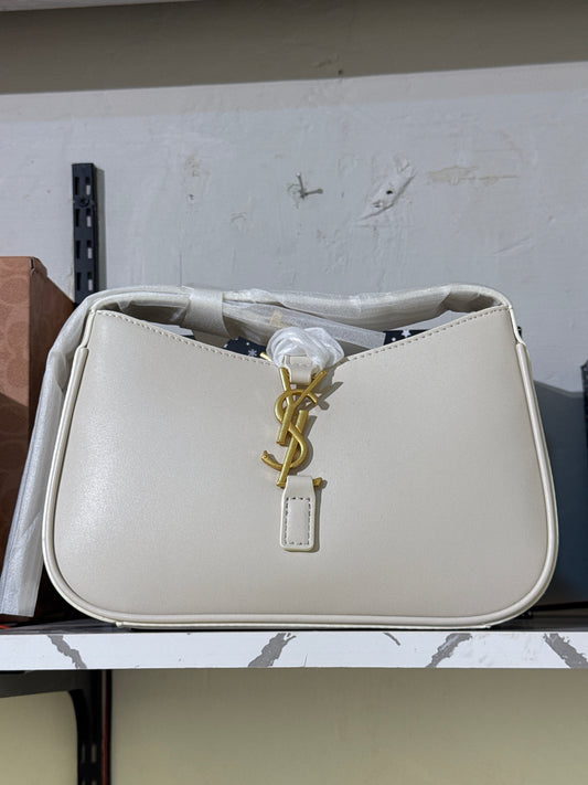 Cream White Leather Hobo Shoulder Bag with Gold-Tone Interlocking Logo Hardware