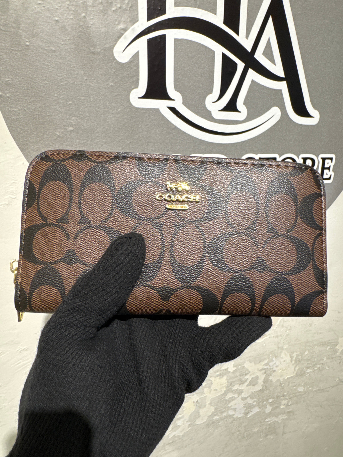 Luxury Brown Coach Signature Canvas Zip-Around Long Wallet with Gold Hardware