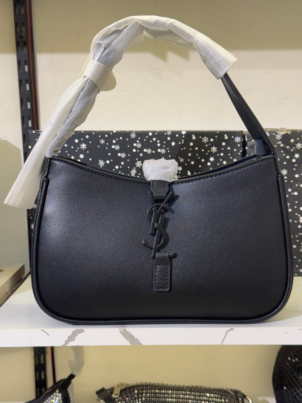 Matte Black Leather Hobo Shoulder Bag with Black Hardware
