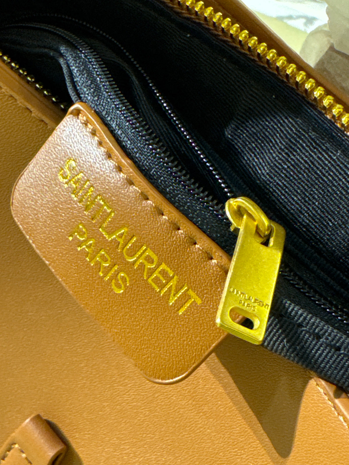 Tan Brown Leather Hobo Shoulder Bag with Gold Monogram Hardware