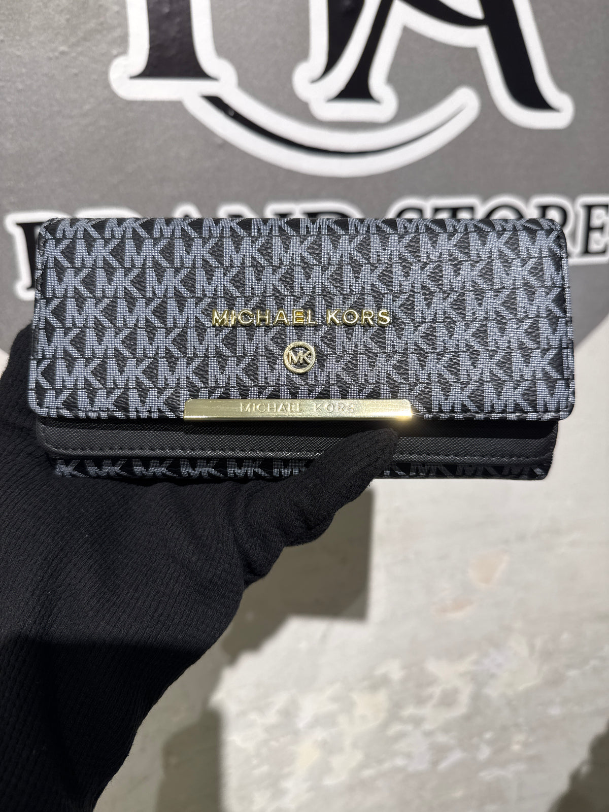 Luxury Black MK Monogram Canvas Long Envelope Wallet with Gold Hardware