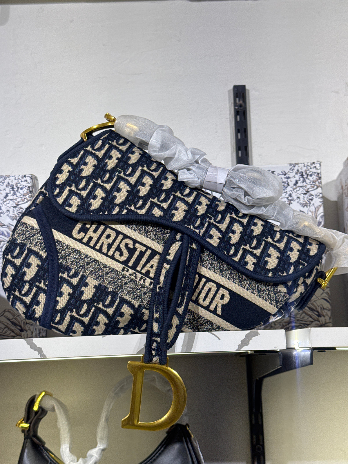 Navy Blue Patterned Jacquard Saddle Shoulder Bag with Gold-Tone D Hardware