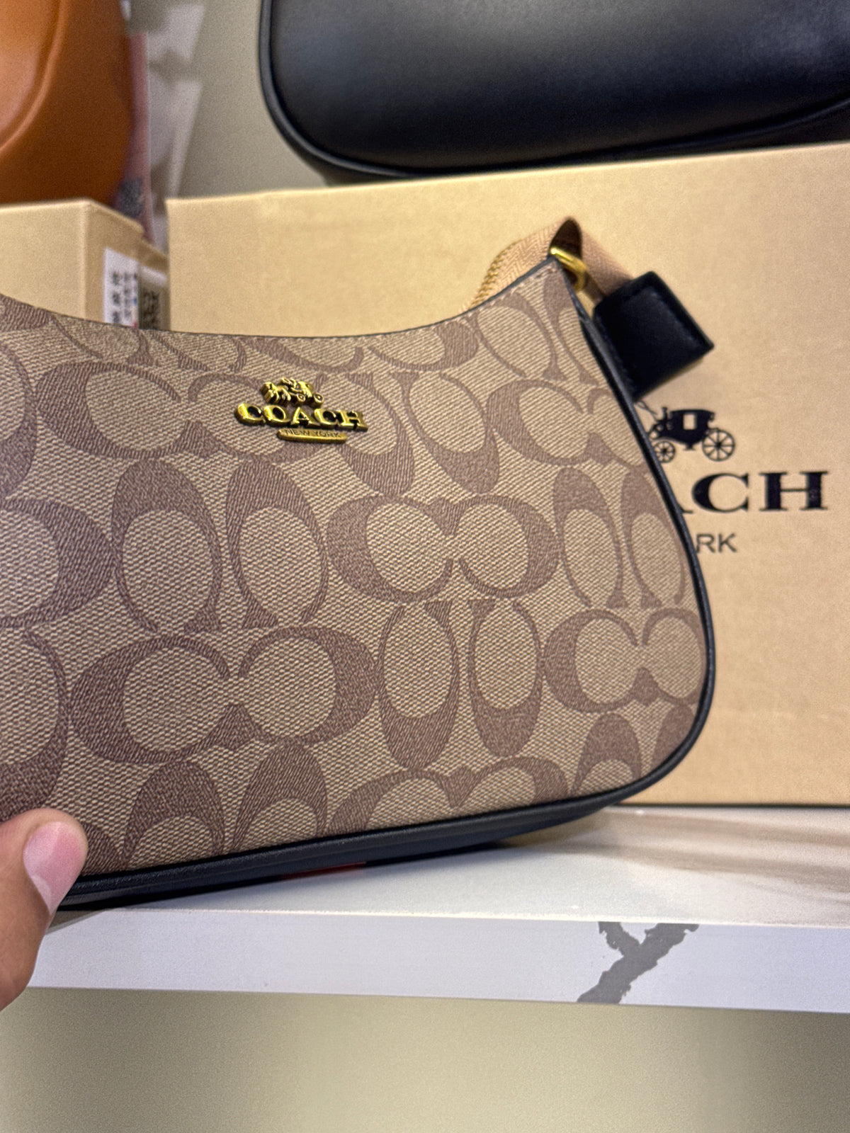 Coach Teri Shoulder Bag in Signature Canvas – Taupe / Black
