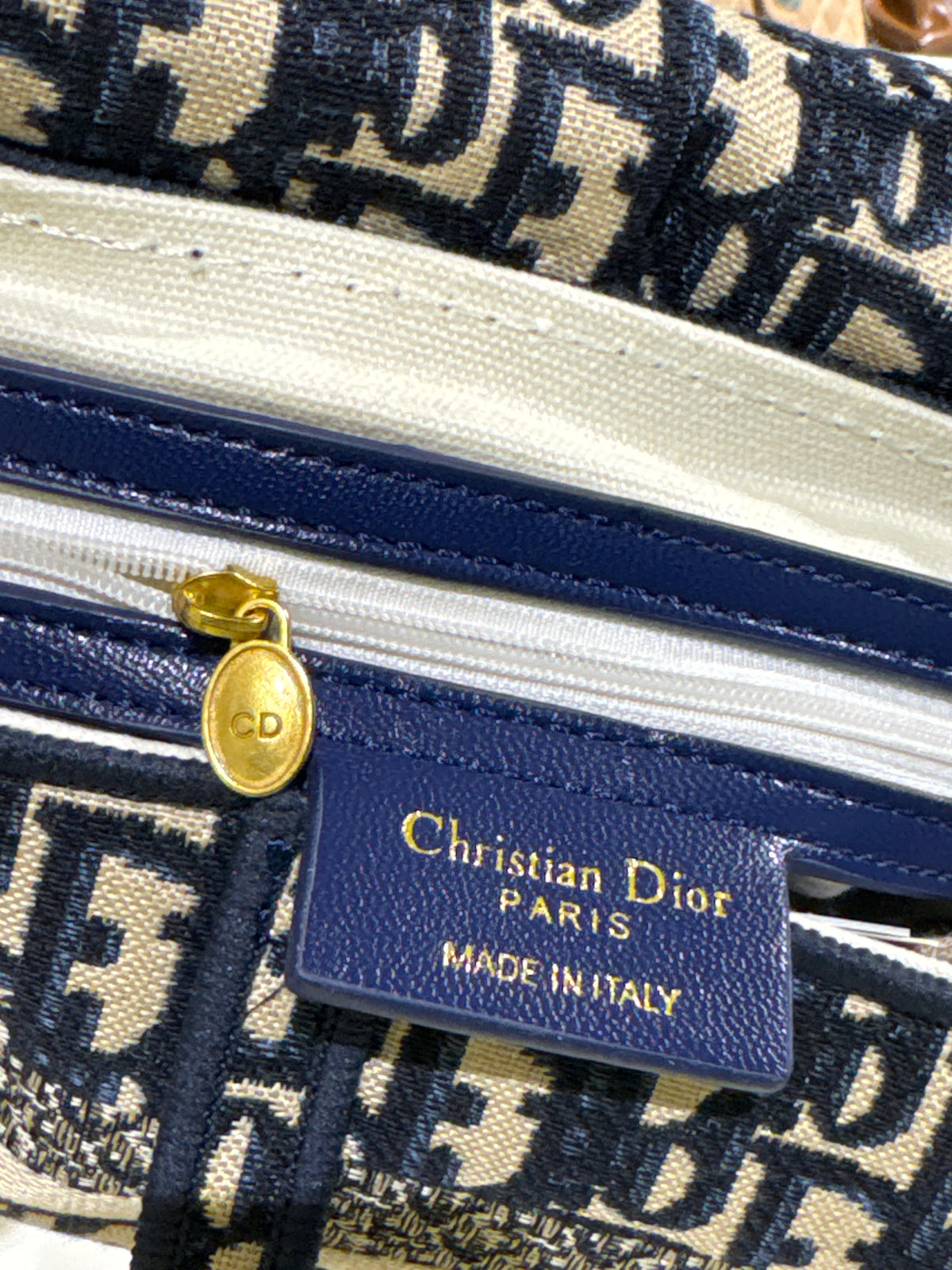 Navy Blue Patterned Jacquard Saddle Shoulder Bag with Gold-Tone D Hardware