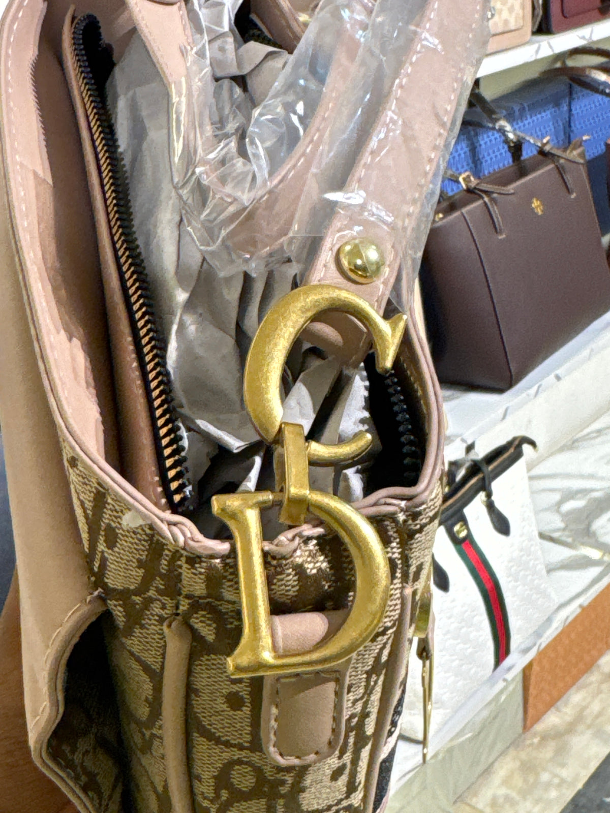 Beige and Brown Patterned Jacquard Saddle Shoulder Bag with Gold Hardware