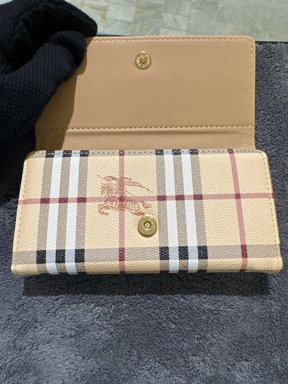 Luxury Beige Plaid Vintage Check Long Flap Wallet with Gold Hardware