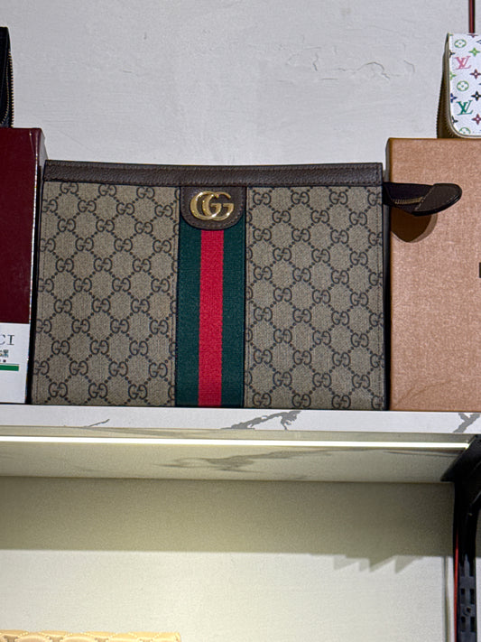 Beige Monogram Canvas Pouch with Green & Red Web Stripe