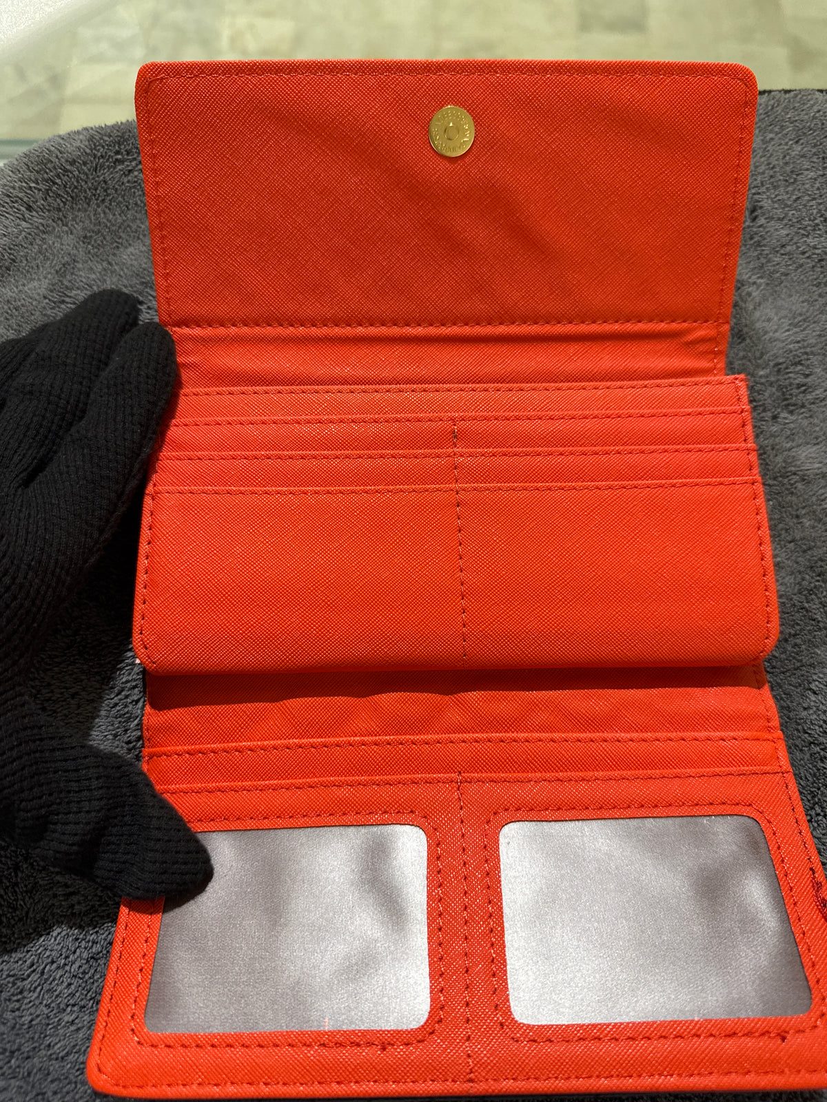 Luxury Black Quilted Caviar Leather Long Flap Wallet with Vibrant Orange Lining