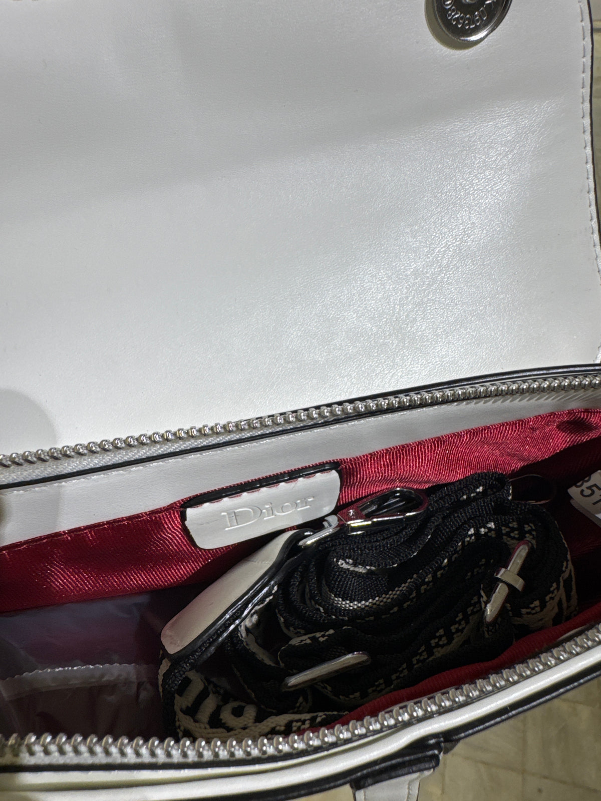 White Leather Saddle Shoulder Bag with Silver-Tone D Charm Accent