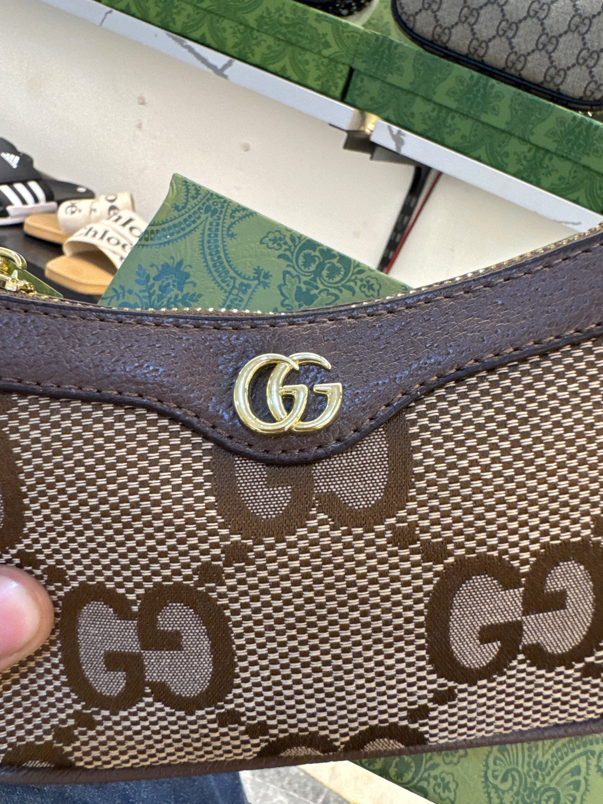 Gucci Ophidia Mini Shoulder Bag in Jumbo GG Canvas – Camel / Ebony Brown