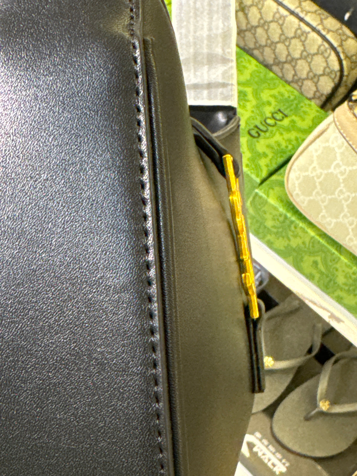 Black Leather Hobo Shoulder Bag with Gold Monogram Hardware