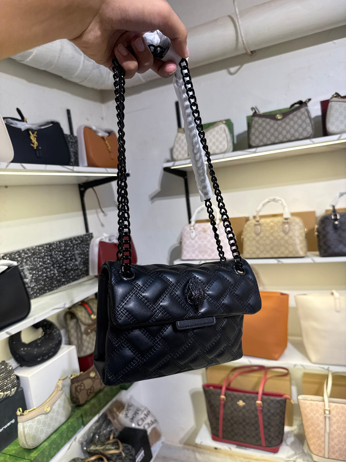 Authentic Kurt Geiger London Mini Kensington Drench Quilted Leather Bag – All Black