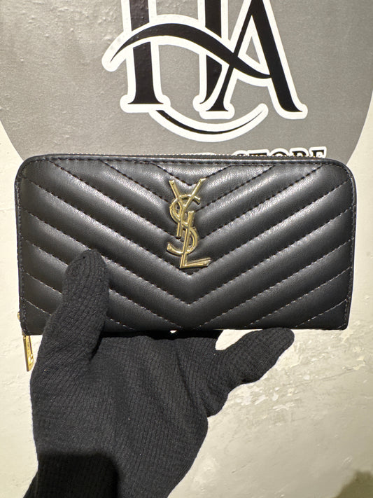 Luxury Black Chevron Quilted Leather Zip-Around Long Wallet with Gold Hardware