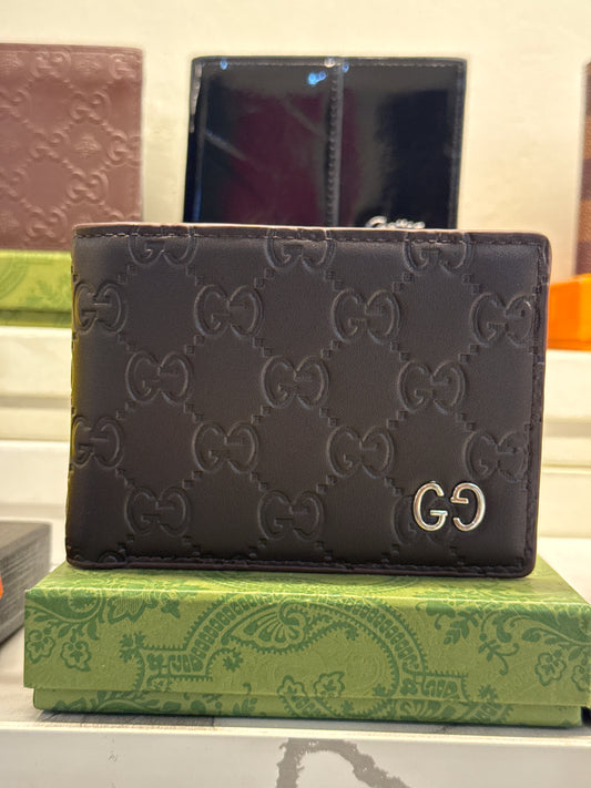 Dark Brown Embossed Monogram Leather Bifold Wallet with Silver Accent