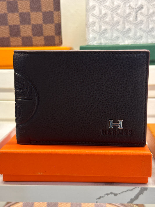 Black Pebble-Grain Leather Bifold Wallet with Metallic Silver H-Logo Accent