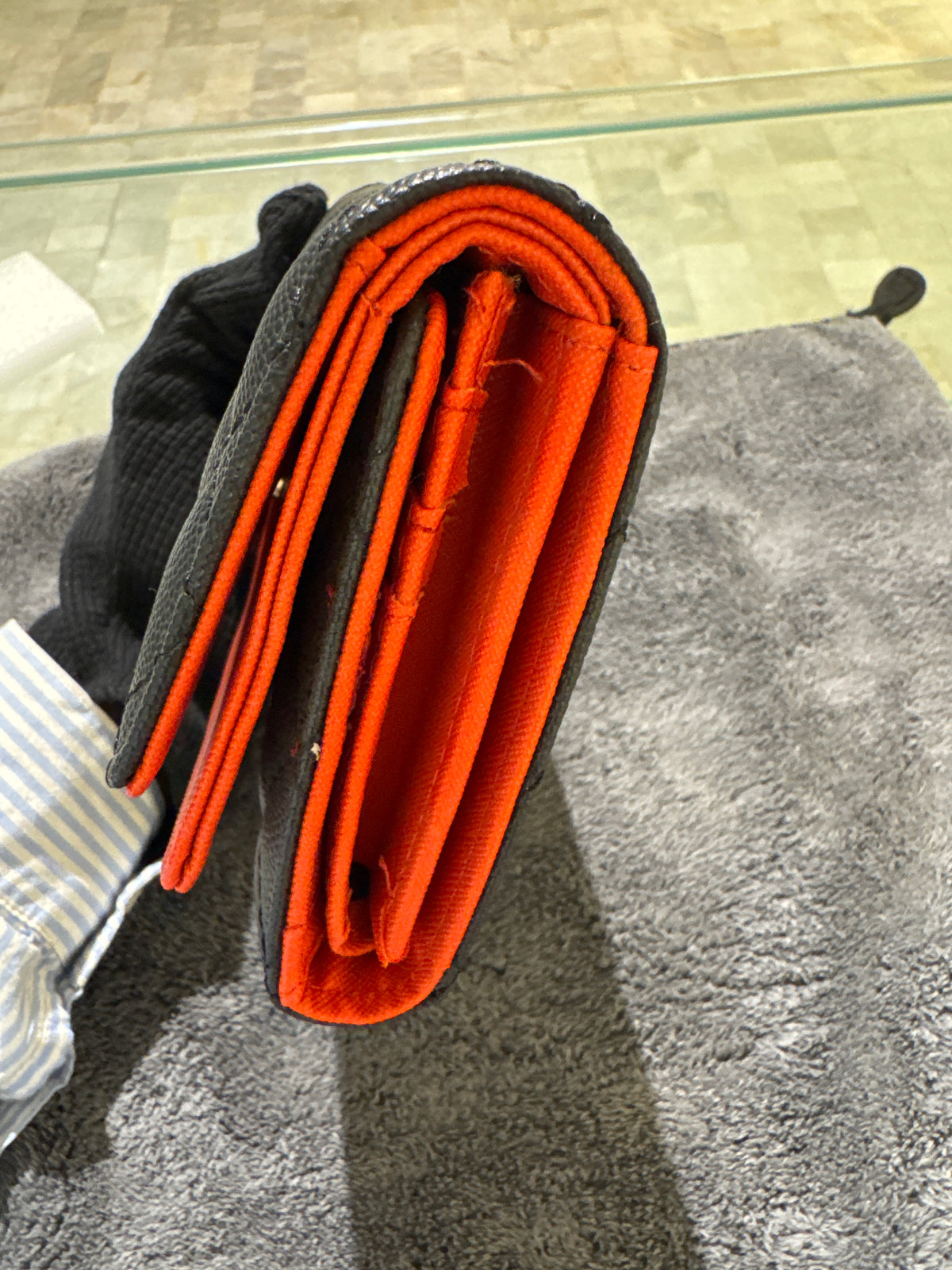 Luxury Black Quilted Caviar Leather Long Flap Wallet with Vibrant Orange Lining