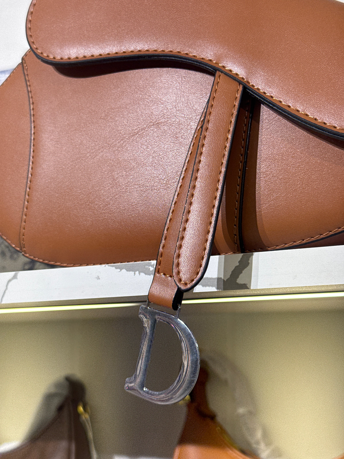 Tan Brown Leather Saddle Shoulder Bag with Silver-Tone D Charm Accent