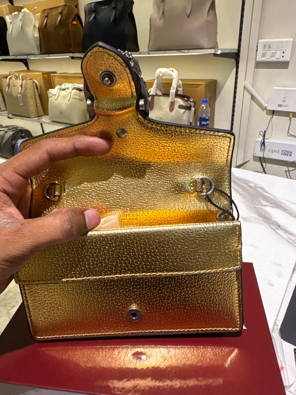 Metallic Gold Leather Mini Crossbody Bag with Antique Horseshoe Buckle